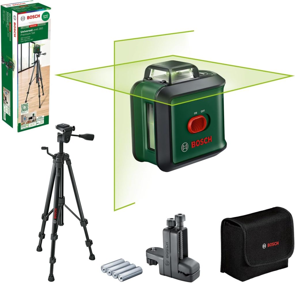 Bosch Home and Garden nivel láser de líneas cruzadas UniversalLevel 360 con trípode prémium + pinza universal MM 3(líneas en vertical horizontal,incl. 360° para alineación por toda estancia)