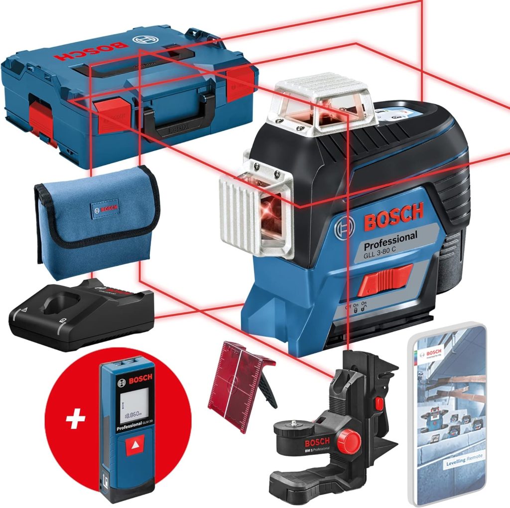 Bosch Professional Nivel láser GLL 3-80 C + telémetro Glm 20 (1 batería de 12 V, láser rojo, función W/aplicación, rango de trabajo: hasta 30 m, en L-BOXX) - Juego exclusivo de Amazon