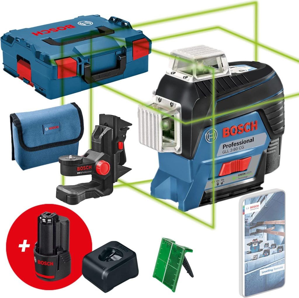 Bosch Professional Sistema de 12 V Nivel láser GLL 3-80 Cg (2 baterías de 12 V, cargador, láser verde, función de W/App, montaje, rango de trabajo: hasta 30 m, en L-BOXX) - Juego exclusivo de Amazon