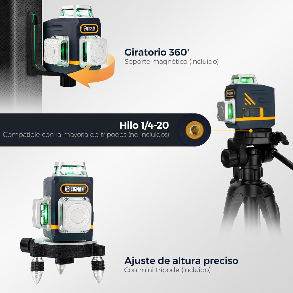 CIGMAN CM701 Nivel Láser de Línea, Autonivelante 360 Grados, 3x360°, 3D Nivelador, 30M Alcance, Con Control Remoto, Doble Soporte, Estuche acolchado, Batería Recargable, IP54