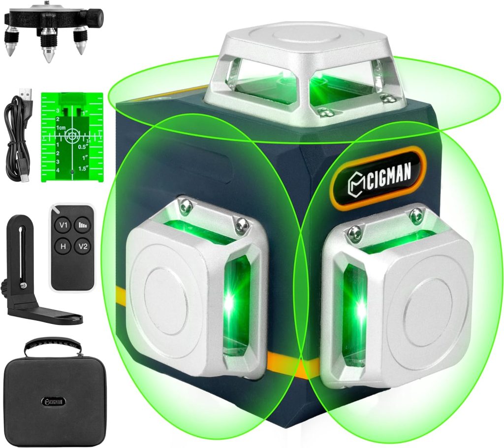 CIGMAN CM701 Nivel Láser de Línea, Autonivelante 360 Grados, 3x360°, 3D Nivelador, 30M Alcance, Con Control Remoto, Doble Soporte, Estuche acolchado, Batería Recargable, IP54