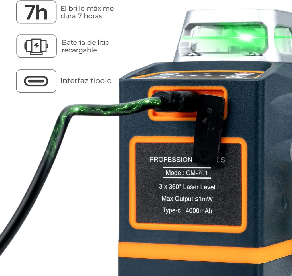 CIGMAN CM701 Nivel Láser de Línea, Autonivelante 360 Grados, 3x360°, 3D Nivelador, 30M Alcance, Con Control Remoto, Doble Soporte, Estuche acolchado, Batería Recargable, IP54