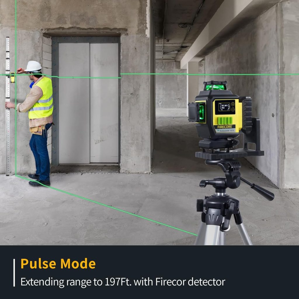 Firecore Nivel láser 4 x 360° con batería de iones de litio, láser verde autonivelante, láser de línea con pantalla, incluye maletín de transporte rígido, mando a distancia y base elevadora -F95T-4G