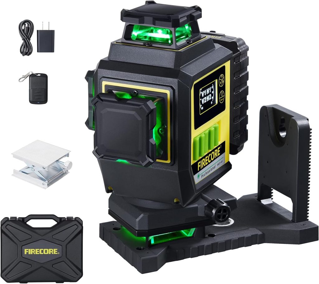 Firecore Nivel láser 4 x 360° con batería de iones de litio, láser verde autonivelante, láser de línea con pantalla, incluye maletín de transporte rígido, mando a distancia y base elevadora -F95T-4G