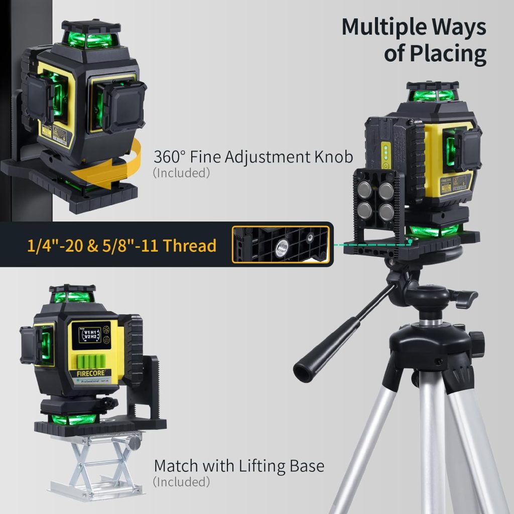 Firecore Nivel láser 4 x 360° con batería de iones de litio, láser verde autonivelante, láser de línea con pantalla, incluye maletín de transporte rígido, mando a distancia y base elevadora -F95T-4G