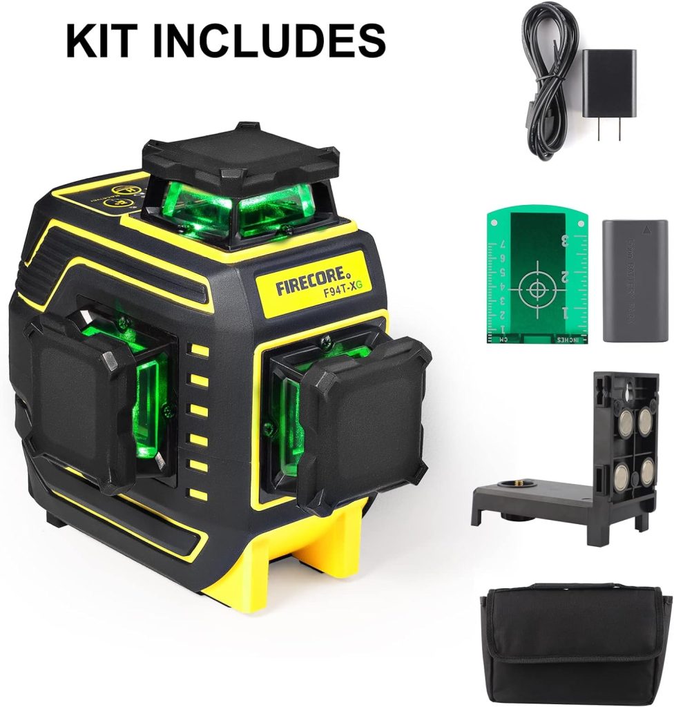 Firecore Nivel laser verde 3X360 °, 12 lineas nivel laser Autonivelante Anti-vibración,Hasta 50m en Modo de Pulso,IP65, Batería de Litio Recargable,Base Magnética fuerte,Bolsa Portátil (F94T-XG)
