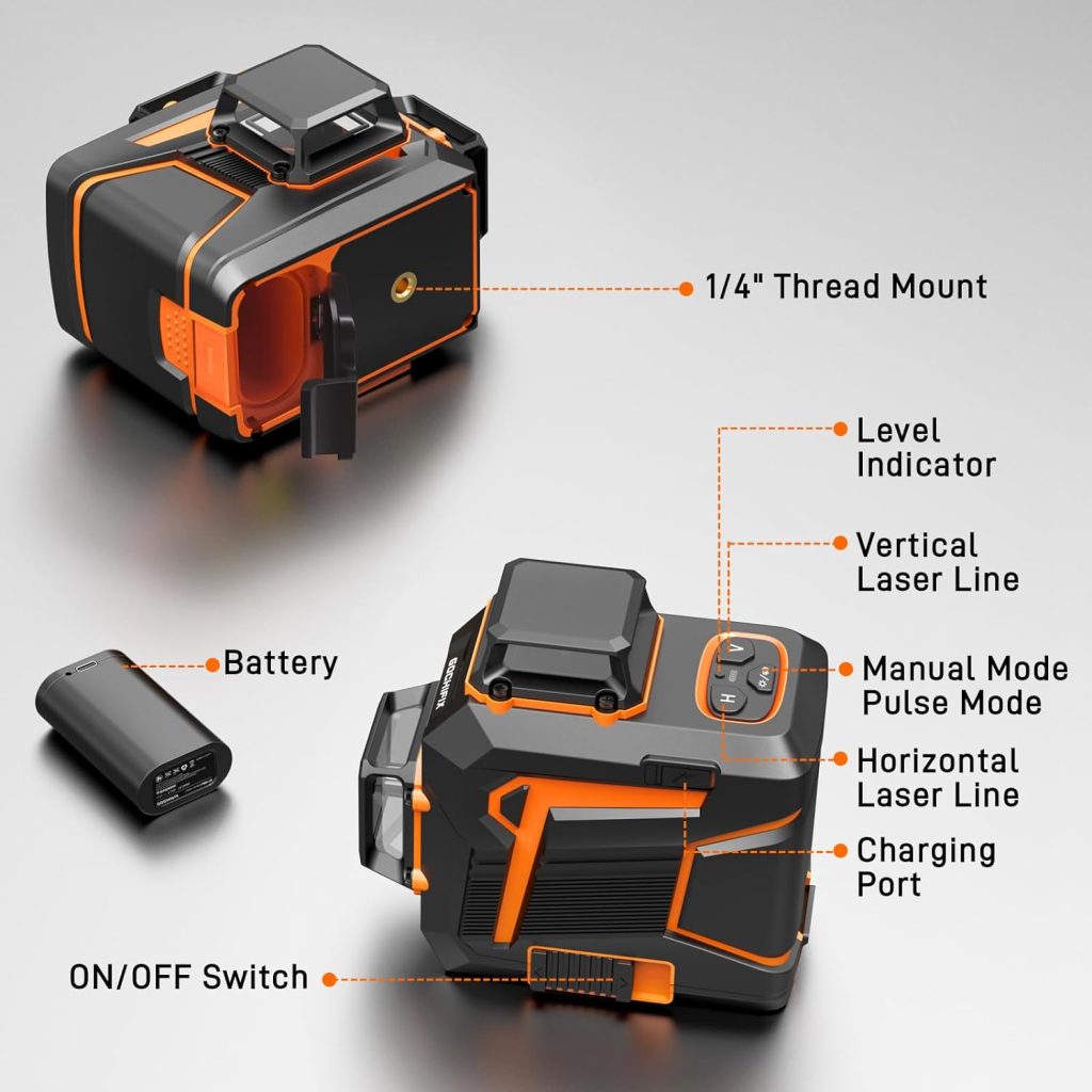 GOCHIFIX Nivel láser verde autonivelante 3x360 de 12 líneas 3D con tubo láser Sharp 520 Batería recargable de 5,2 Ah Modo de pulso Ideal para construcción y nivelación de precisión