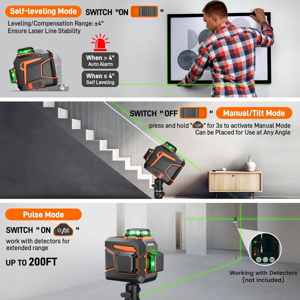 GOCHIFIX Nivel láser verde autonivelante 3x360 de 12 líneas 3D con tubo láser Sharp 520 Batería recargable de 5,2 Ah Modo de pulso Ideal para construcción y nivelación de precisión