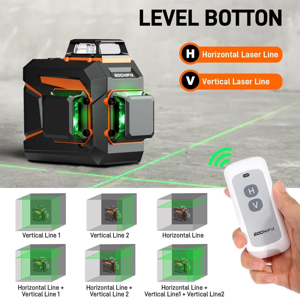 GOCHIFIX Nivel láser verde autonivelante 3x360 de 12 líneas 3D con tubo láser Sharp 520 Batería recargable de 5,2 Ah Modo de pulso Ideal para construcción y nivelación de precisión