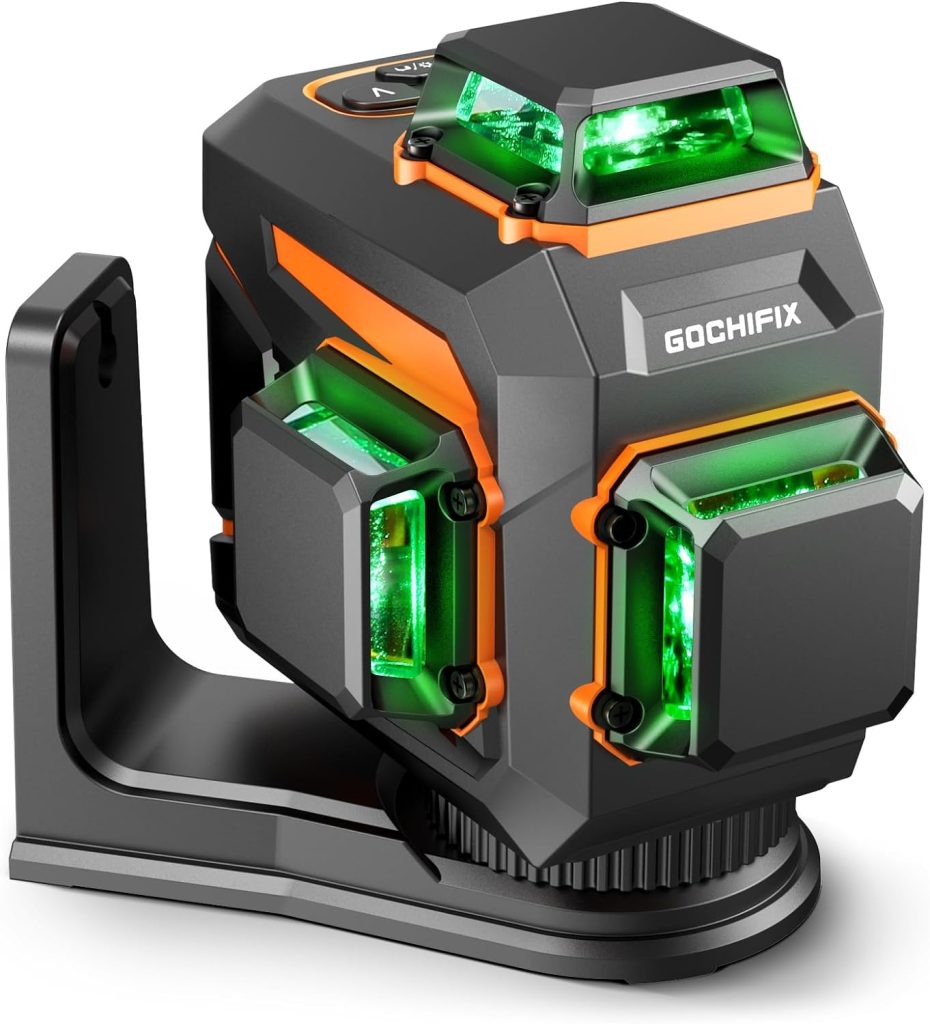 GOCHIFIX Nivel láser verde autonivelante 3x360 de 12 líneas 3D con tubo láser Sharp 520 Batería recargable de 5,2 Ah Modo de pulso Ideal para construcción y nivelación de precisión