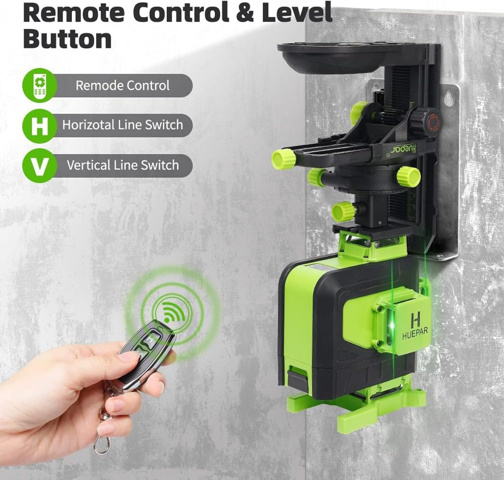 Huepar 4x360 Control remoto nivel láser autonivelante 16 líneas haz verde 4D línea cruzada azulejo piso herramienta láserlíneas láser horizontales y verticales, soporte magnético, batería de iones