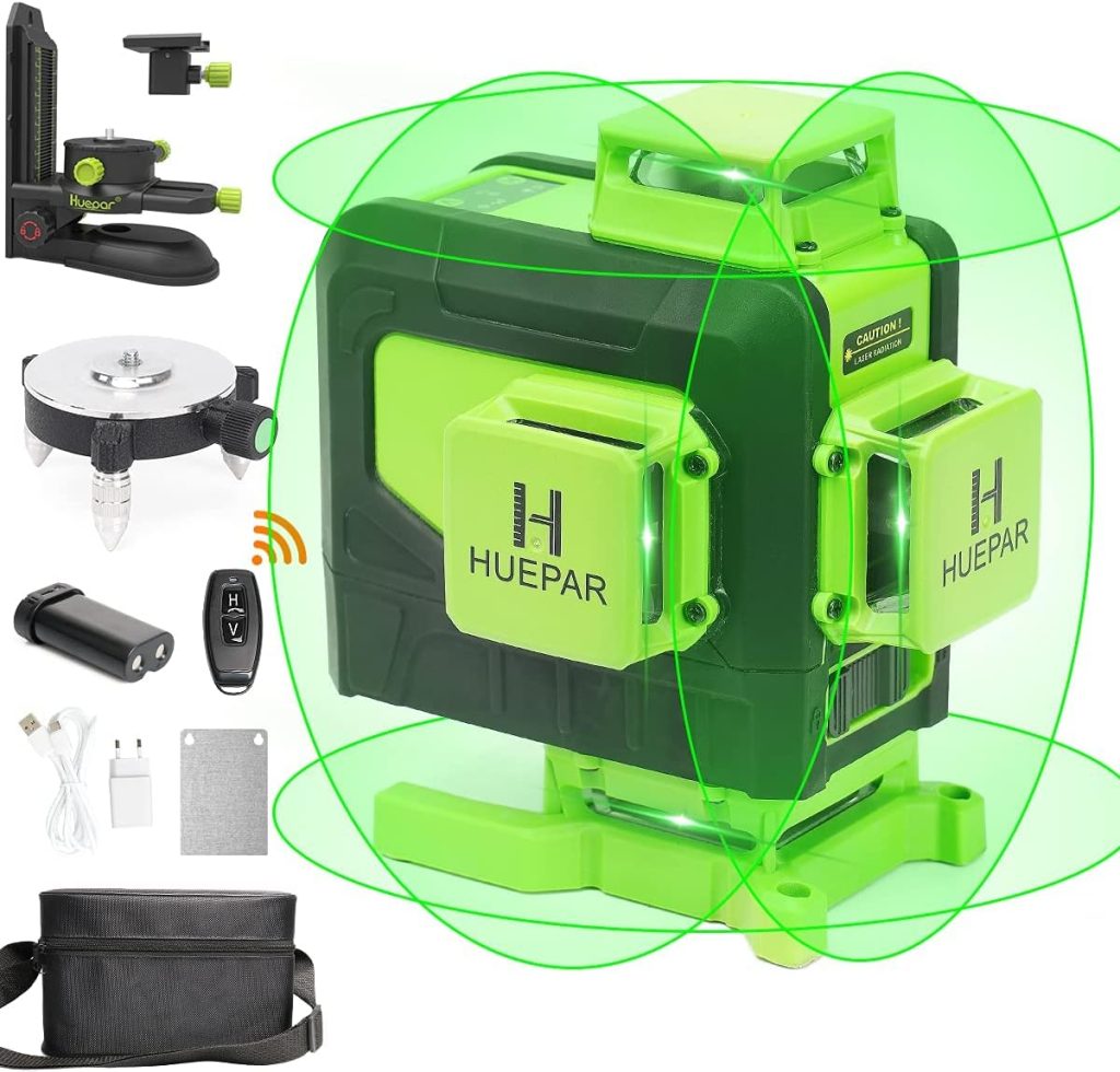 Huepar 4x360 Control remoto nivel láser autonivelante 16 líneas haz verde 4D línea cruzada azulejo piso herramienta láserlíneas láser horizontales y verticales, soporte magnético, batería de iones
