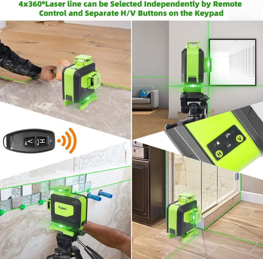 Huepar 4x360 Control remoto nivel láser autonivelante 16 líneas haz verde 4D línea cruzada azulejo piso herramienta láserlíneas láser horizontales y verticales, soporte magnético, batería de iones