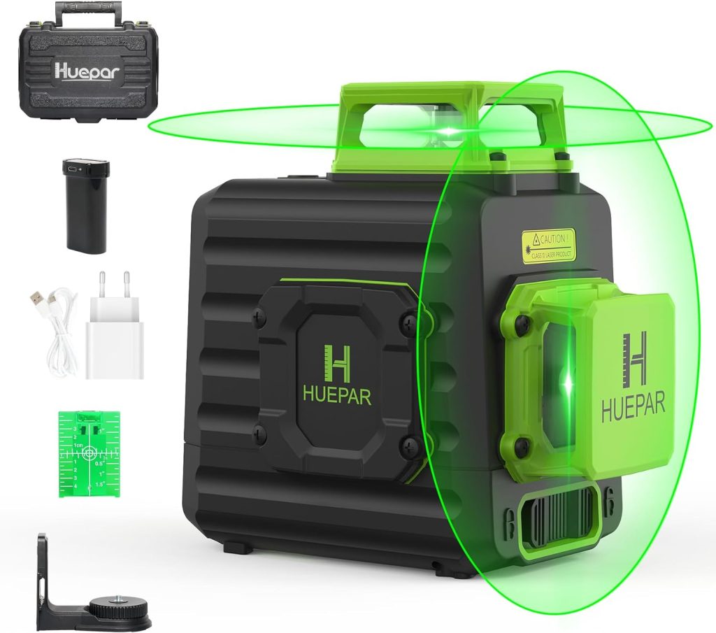 Huepar B02CG Nivel Láser 360 Verde 8 Líneas, MODO DE PULSO, Batería de Litio Recargable USB, Autonivelante Líneas Cruzadas, 2x360 Líneas Vertical/Horizontal Conmutables, 360° Base Giratoria Magnética