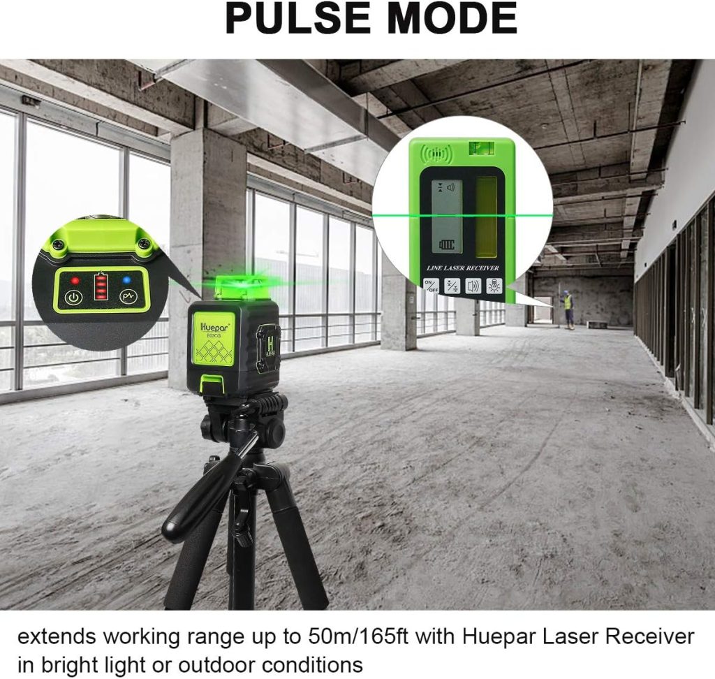 Huepar B02CG Nivel Láser 360 Verde 8 Líneas, MODO DE PULSO, Batería de Litio Recargable USB, Autonivelante Líneas Cruzadas, 2x360 Líneas Vertical/Horizontal Conmutables, 360° Base Giratoria Magnética