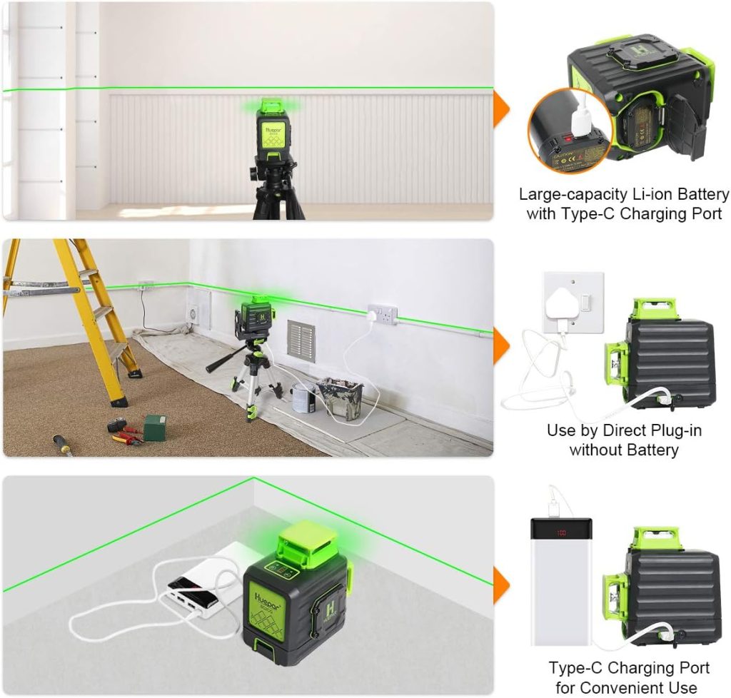 Huepar B02CG Nivel Láser 360 Verde 8 Líneas, MODO DE PULSO, Batería de Litio Recargable USB, Autonivelante Líneas Cruzadas, 2x360 Líneas Vertical/Horizontal Conmutables, 360° Base Giratoria Magnética
