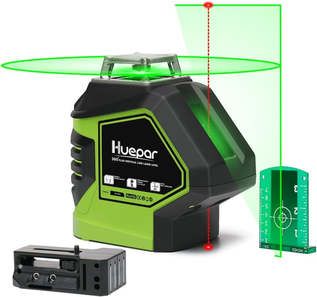 Huepar Nivel Láser Autonivelante 40m Verde línea cruzada con 2 Puntos de Plomada, Nivelador Láser de Modo de Pulso, Conmutables 360° Horizontal / 140°Vertical, IP54, Soporte Magnético-621CG