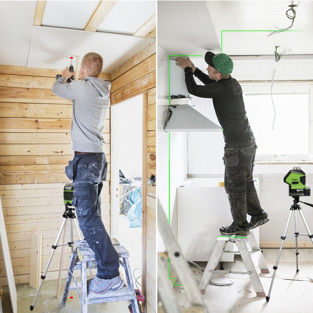 Huepar Nivel Láser Autonivelante 40m Verde línea cruzada con 2 Puntos de Plomada, Nivelador Láser de Modo de Pulso, Conmutables 360° Horizontal / 140°Vertical, IP54, Soporte Magnético-621CG