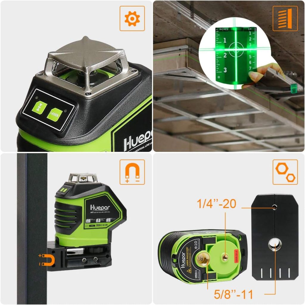 Huepar Nivel Láser Autonivelante 40m Verde línea cruzada con 2 Puntos de Plomada, Nivelador Láser de Modo de Pulso, Conmutables 360° Horizontal / 140°Vertical, IP54, Soporte Magnético-621CG