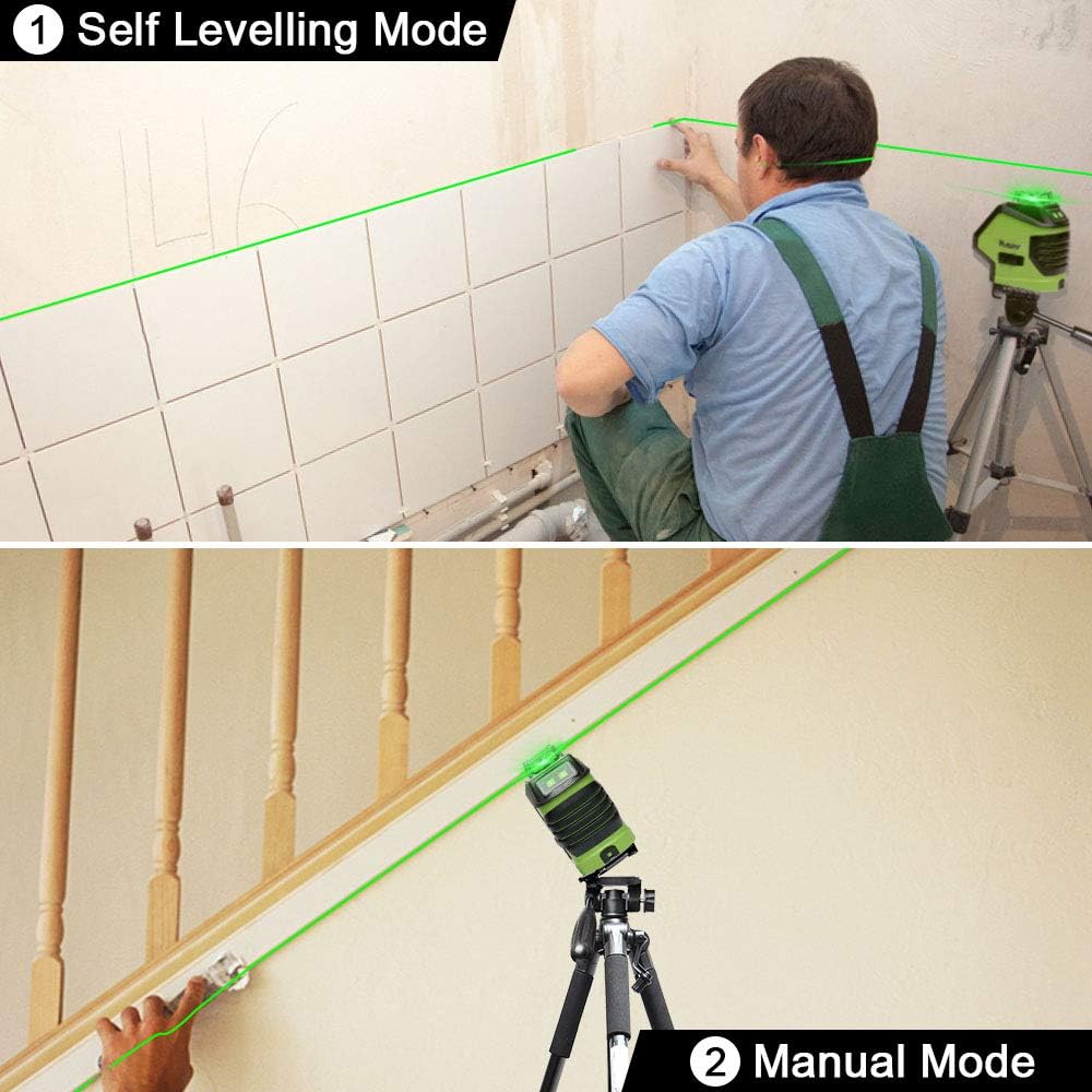 Huepar Nivel Láser Autonivelante 40m Verde línea cruzada con 2 Puntos de Plomada, Nivelador Láser de Modo de Pulso, Conmutables 360° Horizontal / 140°Vertical, IP54, Soporte Magnético-621CG