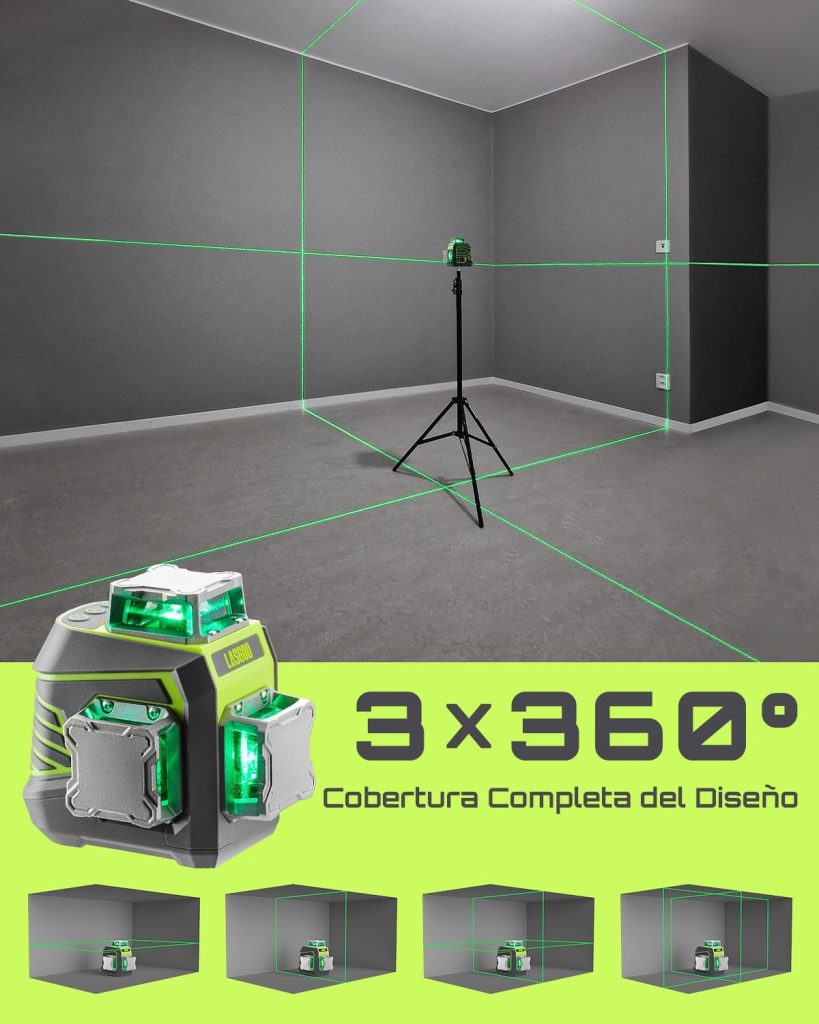 LasGoo Nivel Láser 3x360° Autonivelante, Láser de Línea Cruzada Verde 3D para Construcción y Colgar Cuadros, Batería Recargable, Control Remoto, Soporte Giratorio Magnético Incluido - LG-3Dx