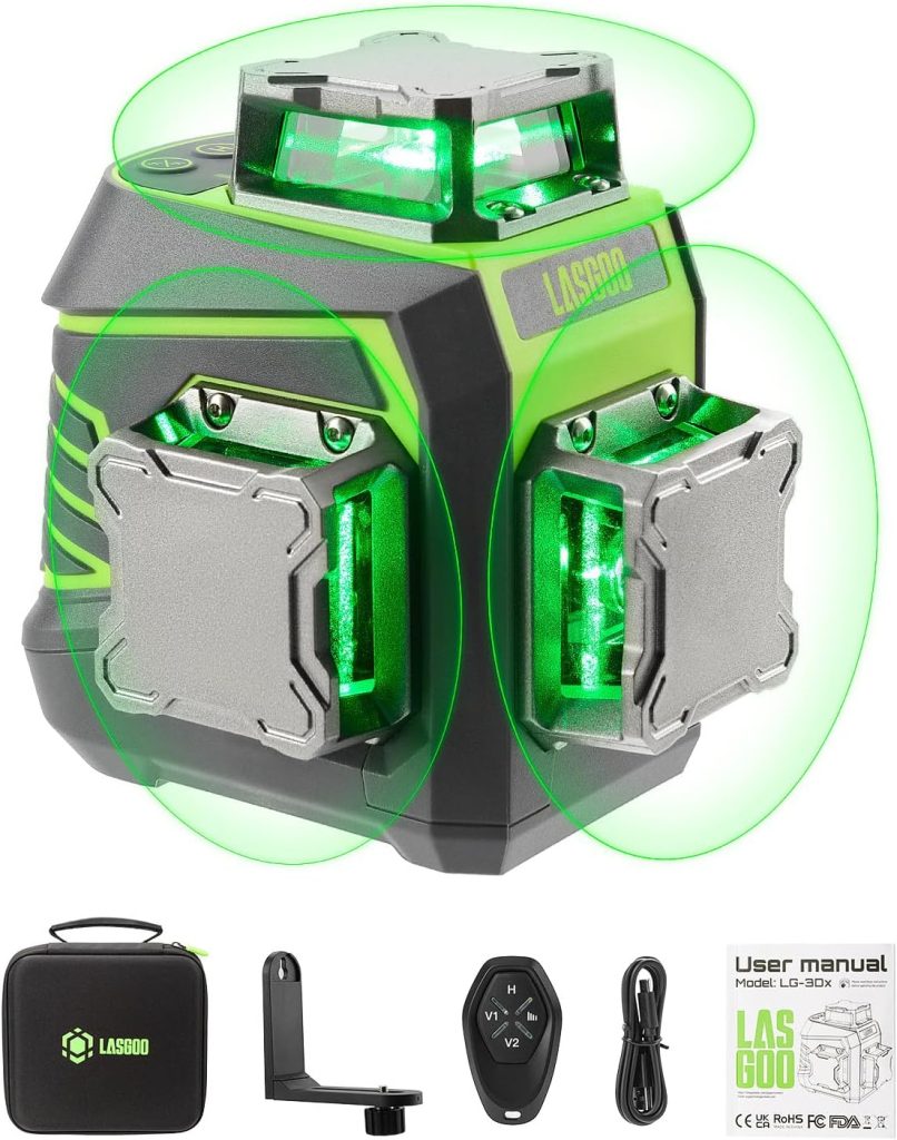 LasGoo Nivel Láser 3x360° Autonivelante, Láser de Línea Cruzada Verde 3D para Construcción y Colgar Cuadros, Batería Recargable, Control Remoto, Soporte Giratorio Magnético Incluido - LG-3Dx