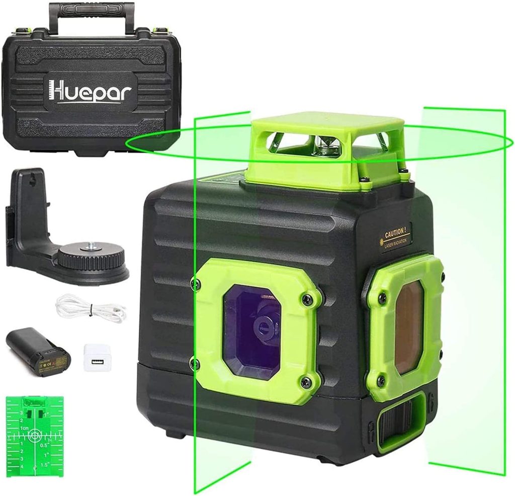Nivel Láser 360, Huepar Nivel Laser Verde 25m con 2 Puntos de Plomada, Autonivelante Líneas Cruzadas con 360 Vertical/Horizontal, con USB Recargable Batería y Base Giratoria Magnética, B21CG