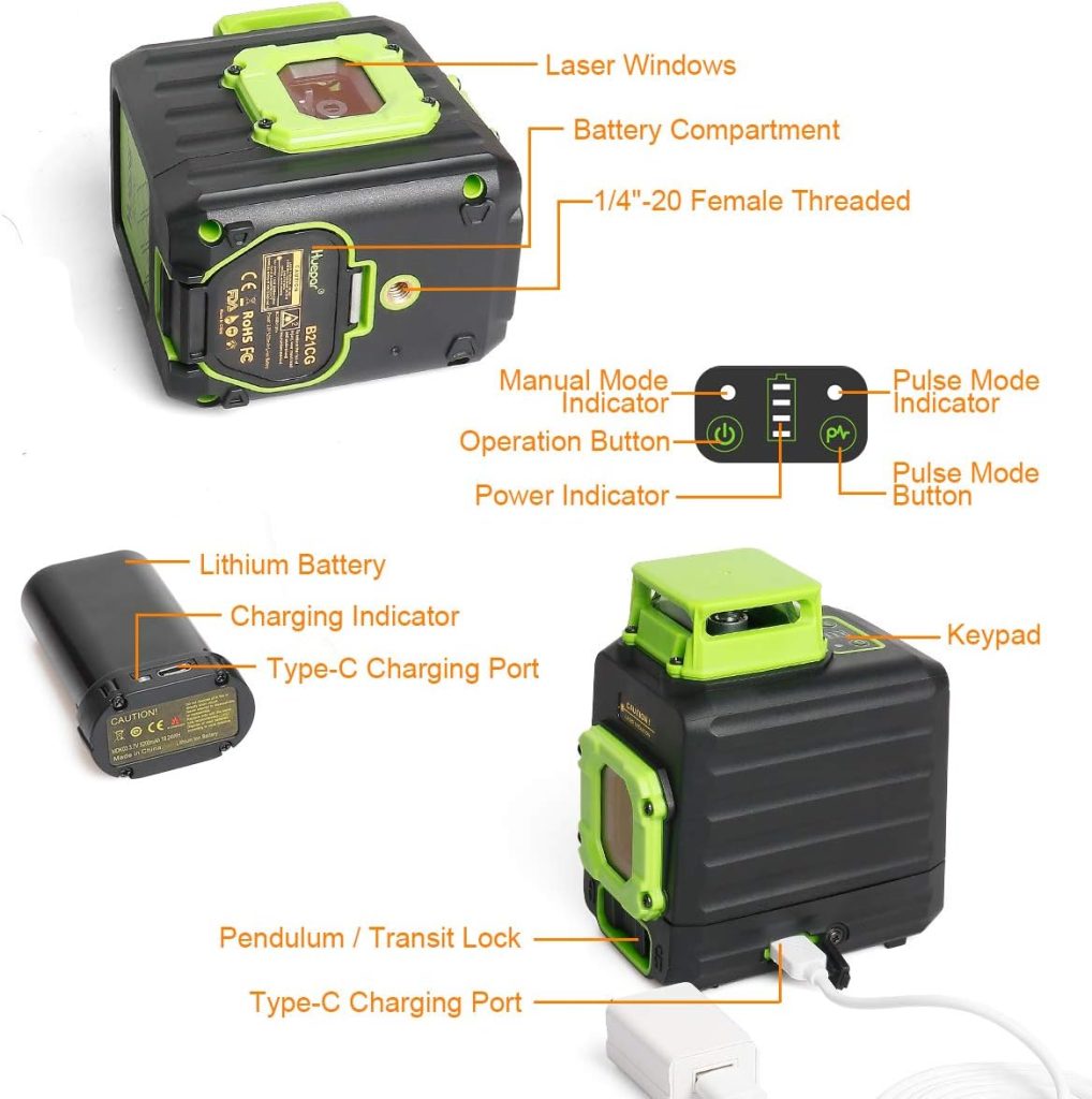 Nivel Láser 360, Huepar Nivel Laser Verde 25m con 2 Puntos de Plomada, Autonivelante Líneas Cruzadas con 360 Vertical/Horizontal, con USB Recargable Batería y Base Giratoria Magnética, B21CG