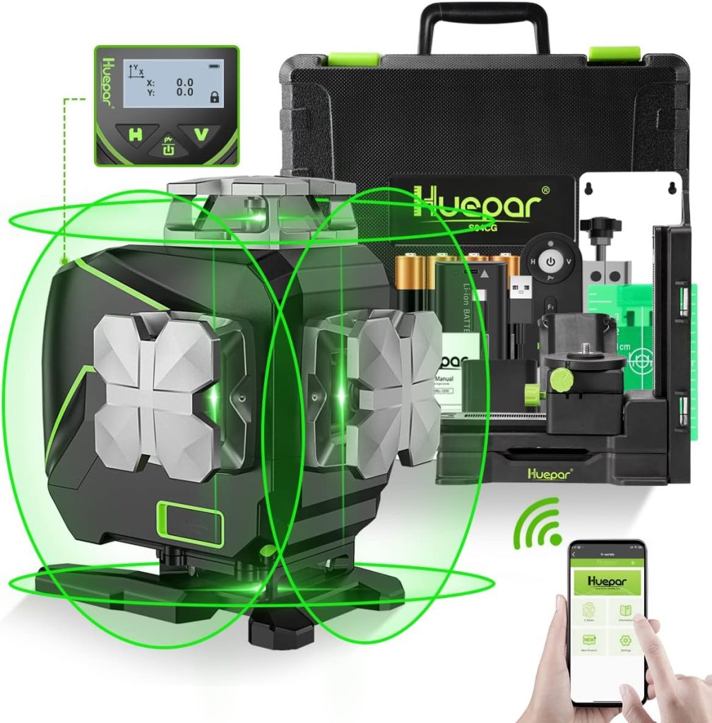 Nivel Láser 4 x 360 ° Huepar, Autonivelante de 16 Líneas Láser de Líneas Cruzadas de Haz Verde 4D con Pantalla LCD Bluetooth -Láser Horizontal/Vertical -Control Remoto y Estuche Rígido-S04CG