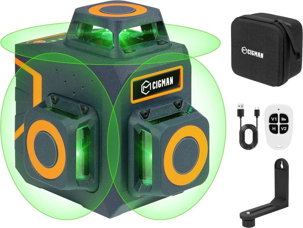 Nivel Láser verde CIGMAN CM701SE 3X360°, Nivel Automático Profesional, Batería de Litio Recargable por USB, Equipado con control remoto para operación remota, Brillo Ajustable, Modo Pulso, IP54