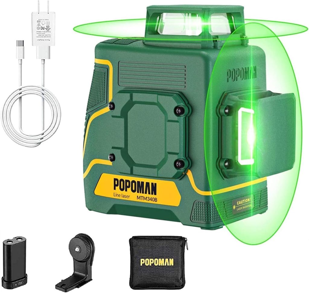 Nivel láser verde de 2 x 360°, láser autonivelante POPOMAN, rango de trabajo: 45 m, montaje magnético, giro de 360°, batería recargable incorporada, modo de pulso, IP54 con bolsa - MTM340B