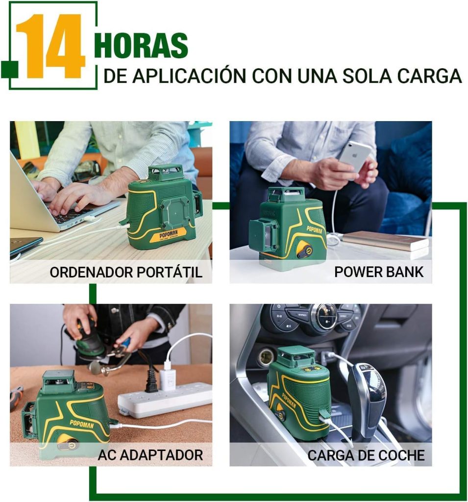 Nivel láser verde de 2 x 360°, láser autonivelante POPOMAN, rango de trabajo: 45 m, montaje magnético, giro de 360°, batería recargable incorporada, modo de pulso, IP54 con bolsa - MTM340B
