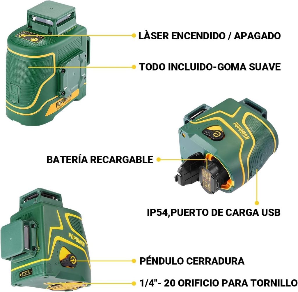 Nivel láser verde de 2 x 360°, láser autonivelante POPOMAN, rango de trabajo: 45 m, montaje magnético, giro de 360°, batería recargable incorporada, modo de pulso, IP54 con bolsa - MTM340B