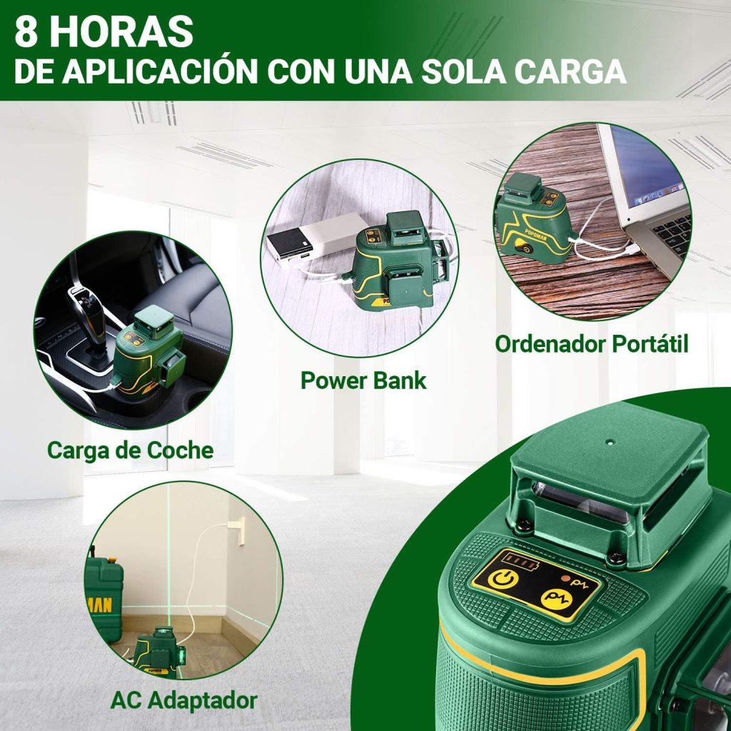 Nivel Laser verde POPOMAN 3x360 °, Láser profesional 3D de 45 m, Placa de Destino, Nivel Laser Autonivelante, Autonivelación y Modo de Pulso al Aire Libre, Soporte Magnético, Caja de Regalo
