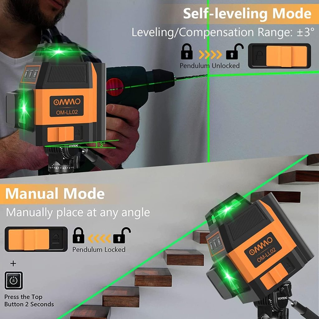 OMMO Nivel láser Autonivelación de 3x360°, nivel láser de 12 líneas, 2 baterías recargables (puerto tipo C), nivel láser de línea cruzada 3D, resistente al agua IP54, cable tipo C