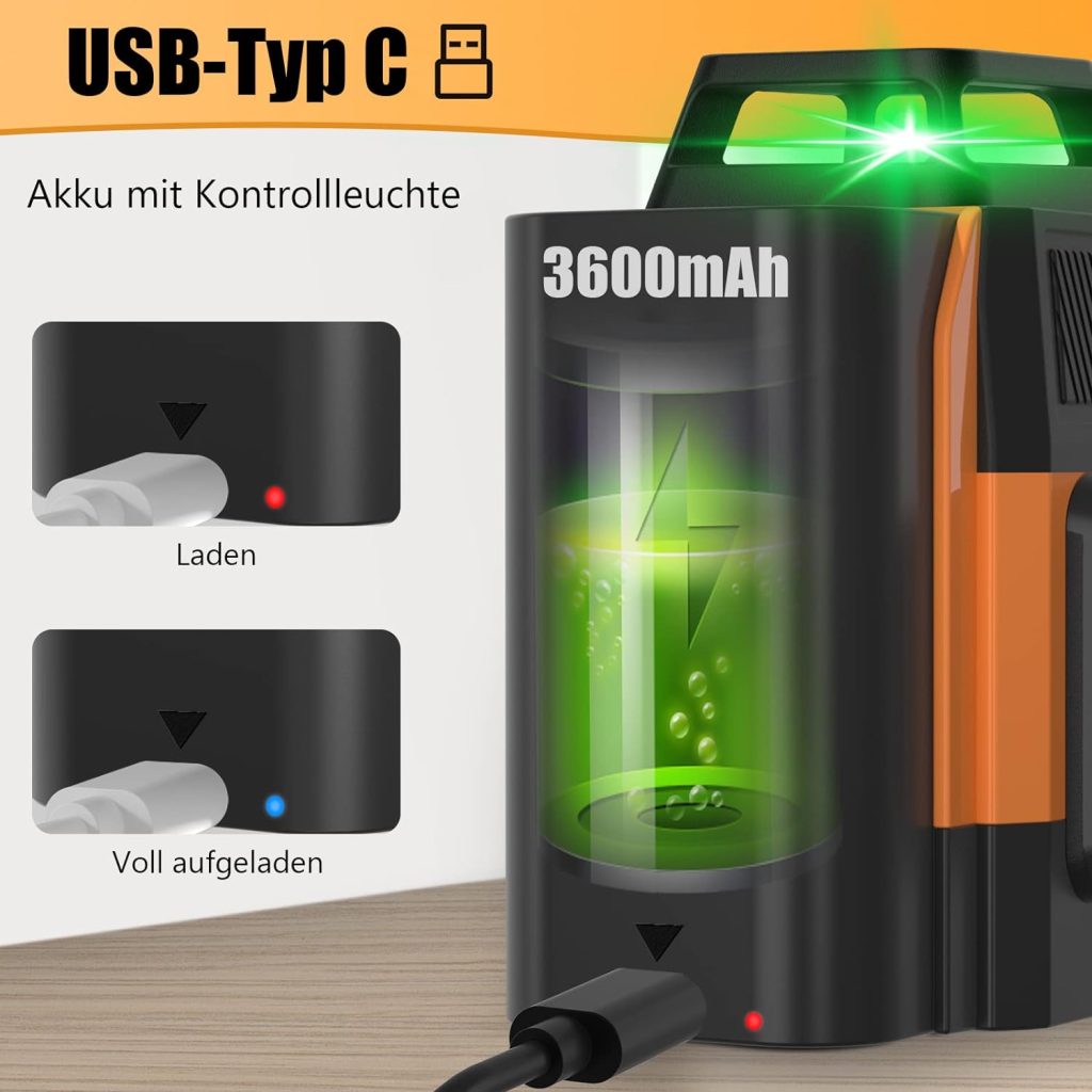 OMMO Nivel láser Autonivelación de 3x360°, nivel láser de 12 líneas, 2 baterías recargables (puerto tipo C), nivel láser de línea cruzada 3D, resistente al agua IP54, cable tipo C