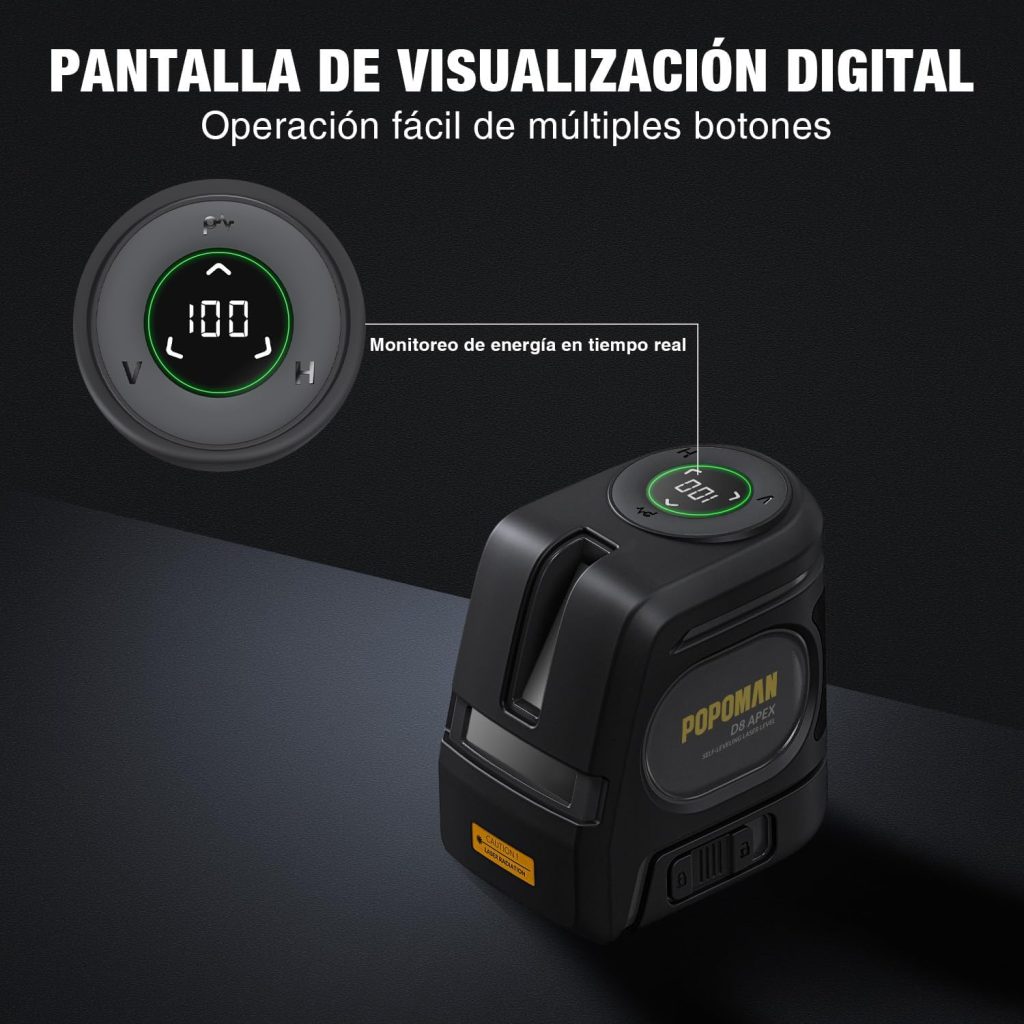 POPOMAN Nivel Láser Verde, Láser Línea Autonivelante, Pantalla LED, Extensión Vertical 130°, Precisión 10 m ± 2 mm, Carga TIPO C, 2600 mAh Batería recargable incorporada, Modo pulso, IP54-D8 APEX