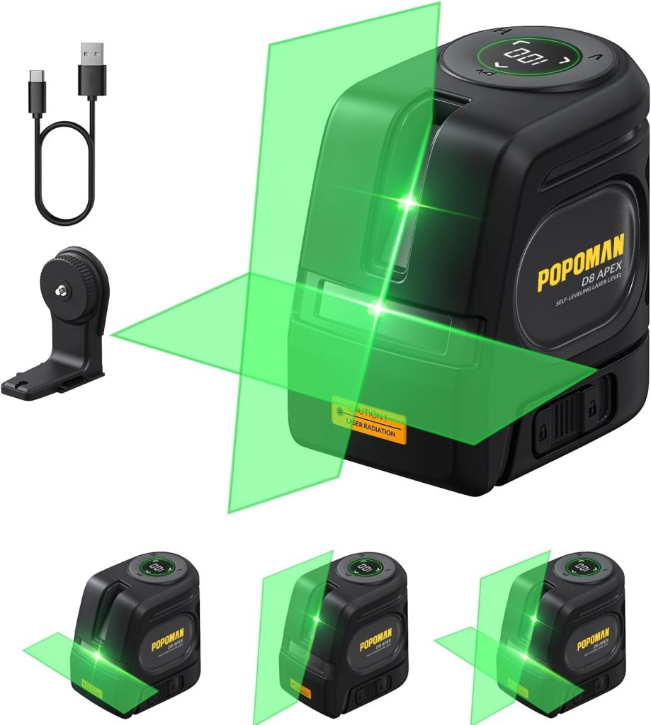 POPOMAN Nivel Láser Verde, Láser Línea Autonivelante, Pantalla LED, Extensión Vertical 130°, Precisión 10 m ± 2 mm, Carga TIPO C, 2600 mAh Batería recargable incorporada, Modo pulso, IP54-D8 APEX