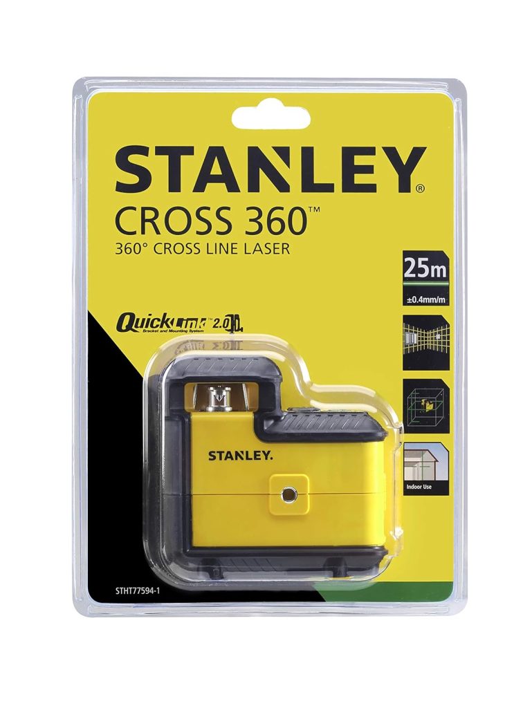 STANLEY STHT77594-1, Nivel láser linea cruzada 360°, luz verde, IP50 impermeable, Rosca doble 1/4, Alcance 25m, Precisión +/- 4mm, Revestimiento reforzado